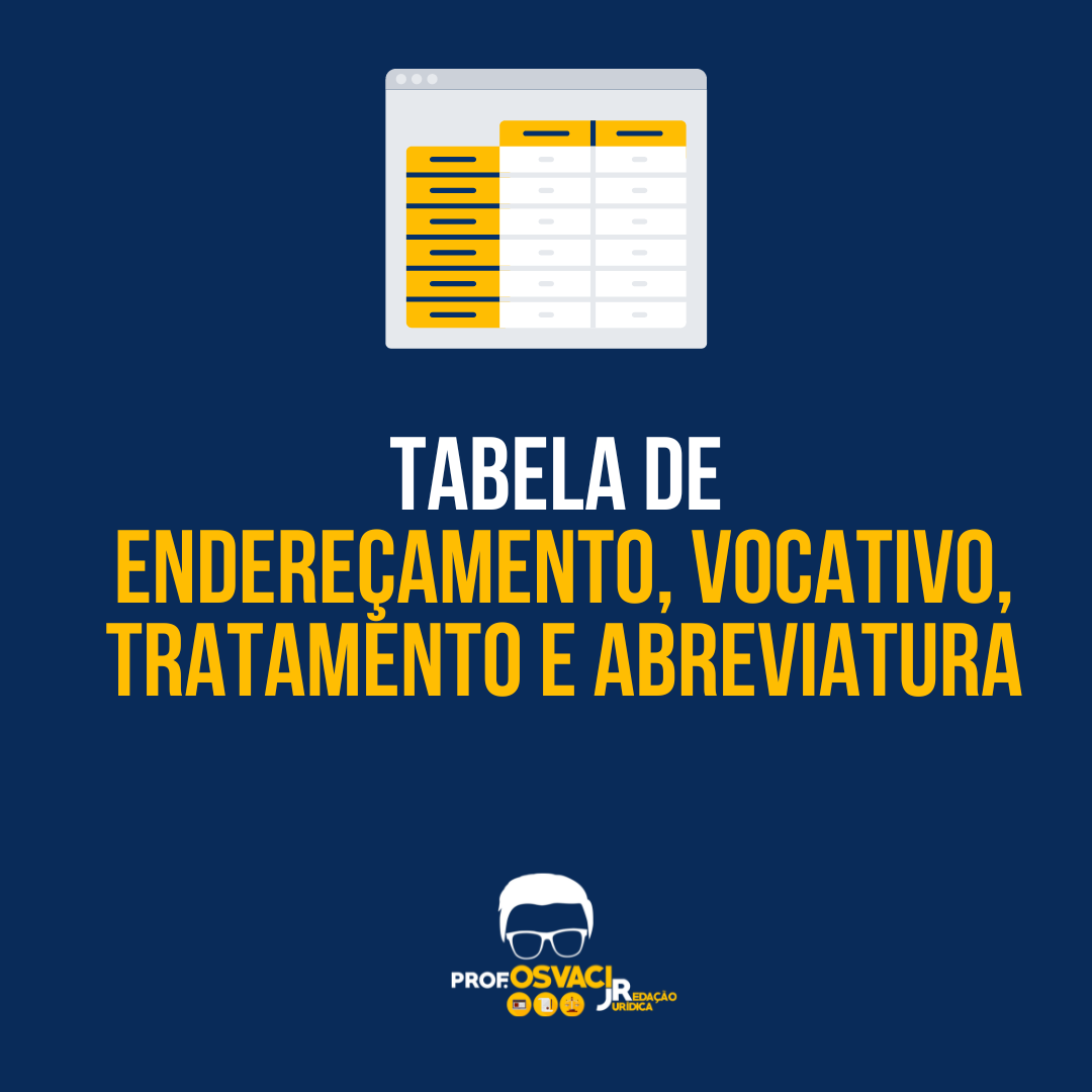 Tabela de endereçamento, vocativo, tratamento e abreviatura